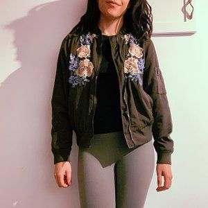 Floral Bomber in a Dark Olive Green